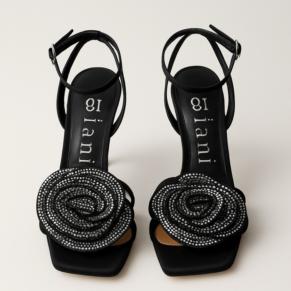 GIANNI BINI Women's Black Iman Rhinestone Rose Embellished Sandal Size‎ 6.5